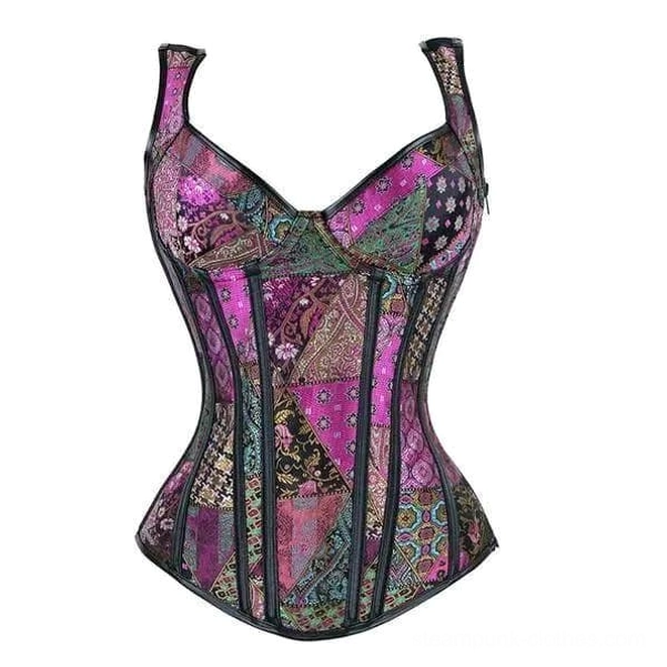 Purple steampunk corset flat lay product display showing boned structured design and patchwork textile pattern