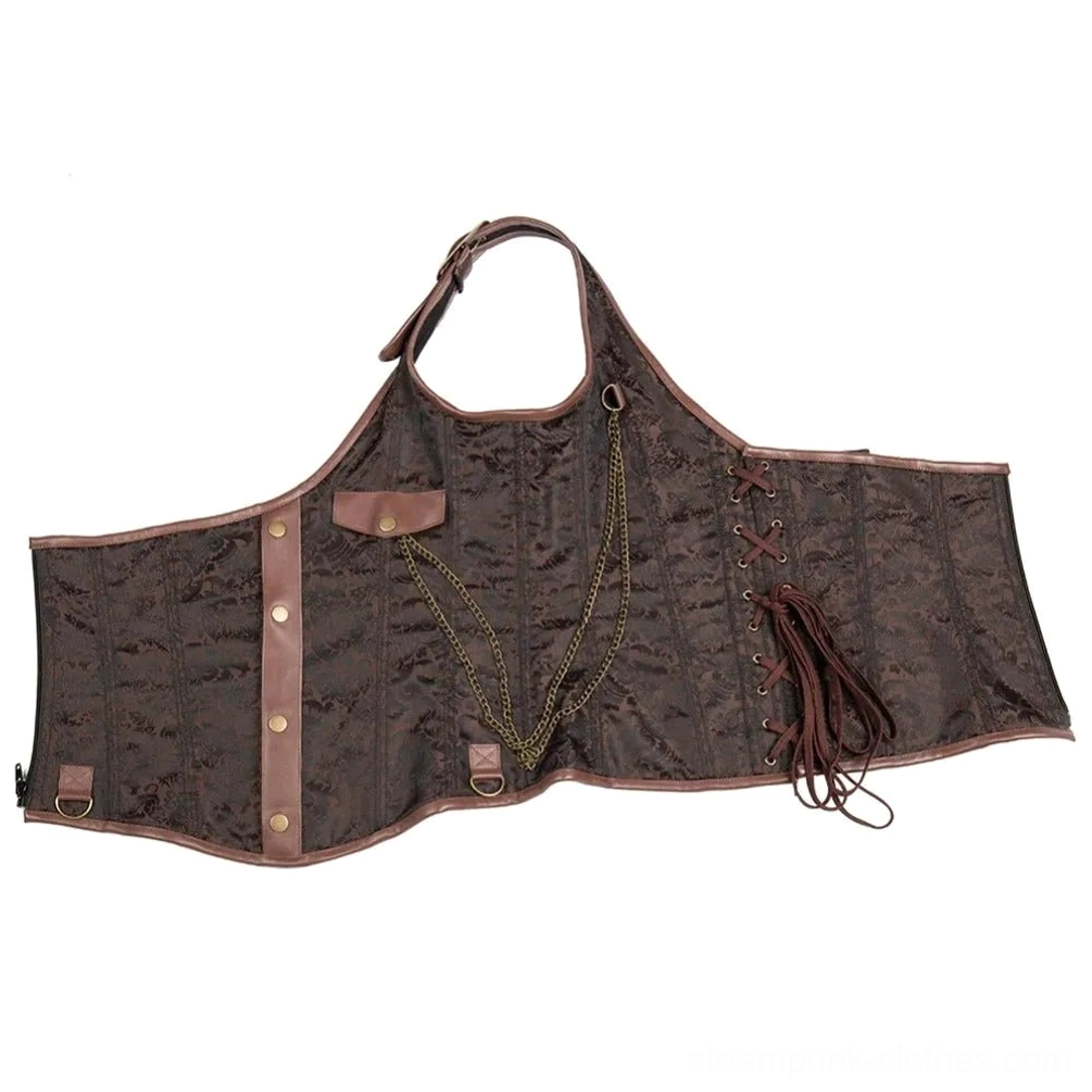 Flat lay full view of asymmetrical steampunk corset showing multiple hardware attachment points, lace-up construction, and chain decor