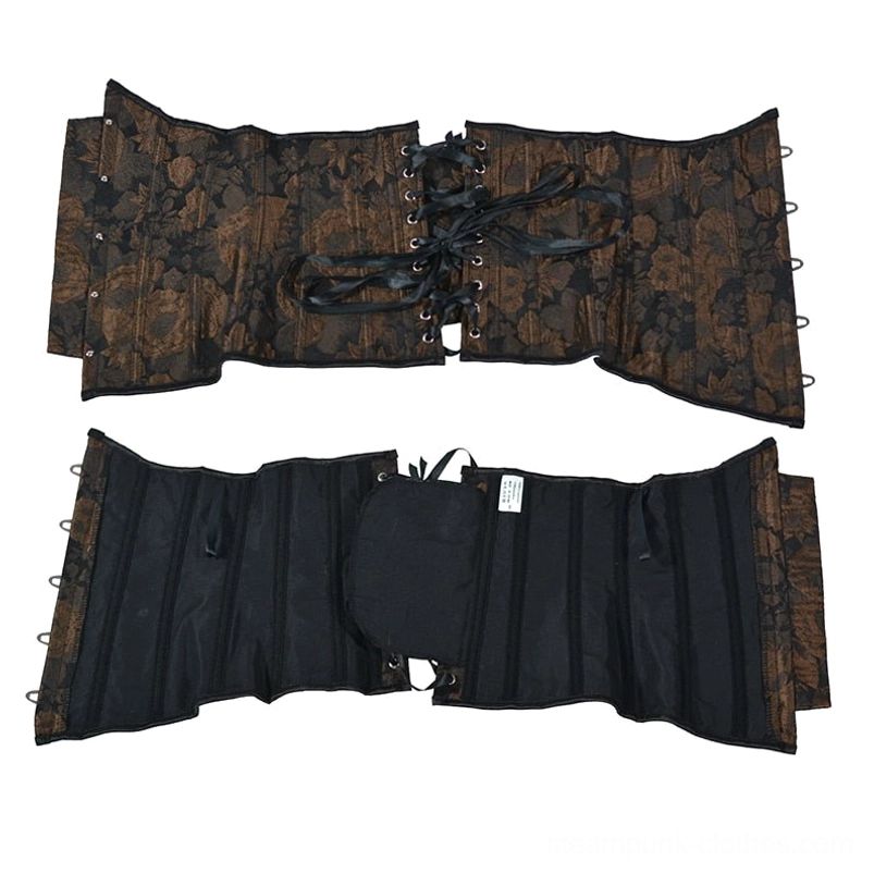 Steampunk underbust corset flat lay top-down view, displaying lace-up back closure, metal side fasteners, bronze floral pattern, and overall silhouette design