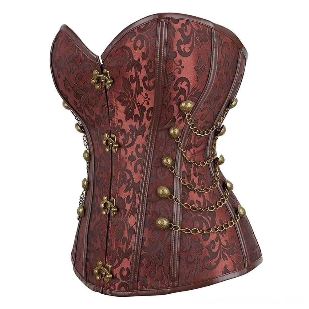 Steampunk corset three-quarter side view flat - brown jacquard fabric with metal chains and clasps, leather edge trim, industrial aesthetic