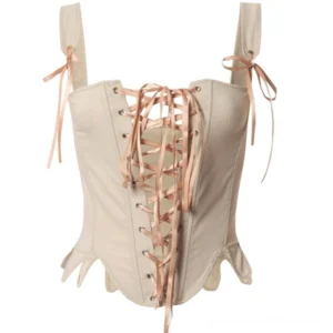 beige steampunk corset flat lay front view showing metal eyelet fasteners and ribbon lacing