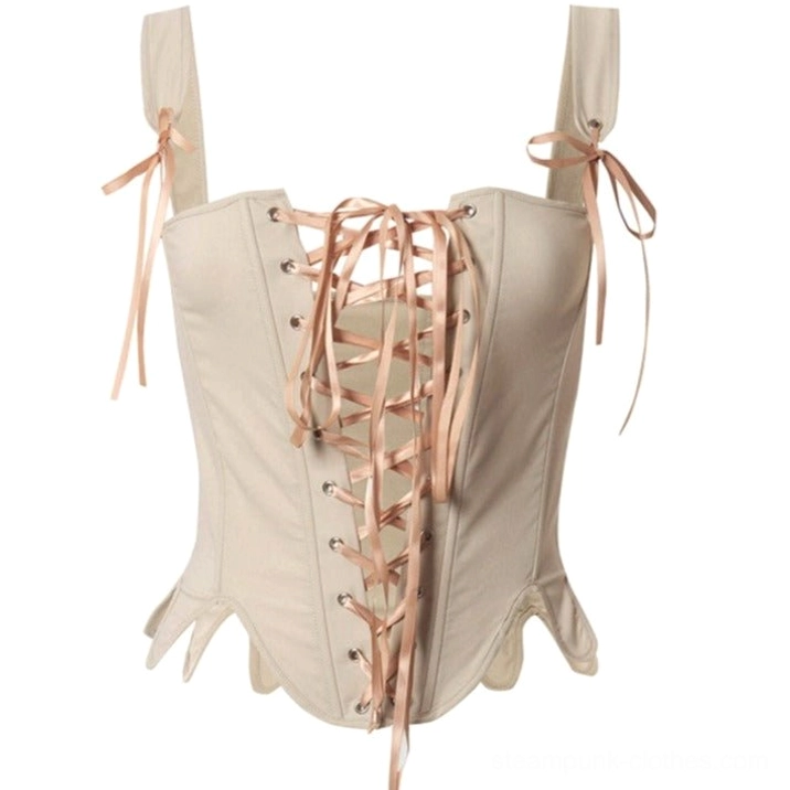 beige steampunk corset flat lay front view showing metal eyelet fasteners and ribbon lacing