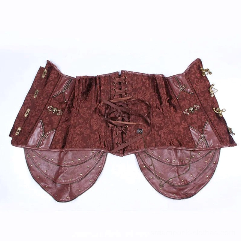 Flat lay overhead view of brown steampunk corset showing front layout metal fasteners and layered skirt pieces