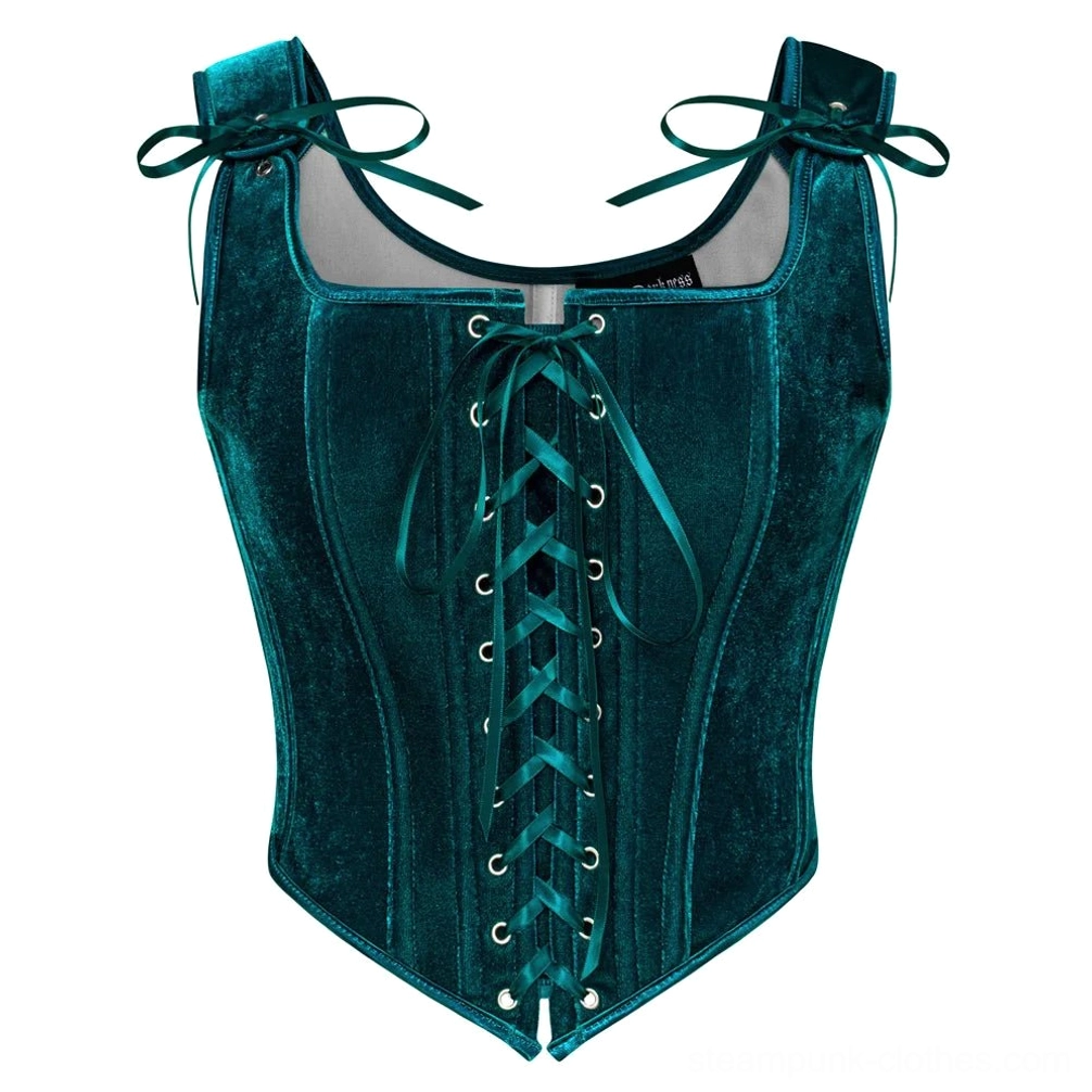 Teal velvet steampunk corset flat lay display showing square neckline with ruffled edge, metal eyelets, and satin lace-up front closure - front view detail