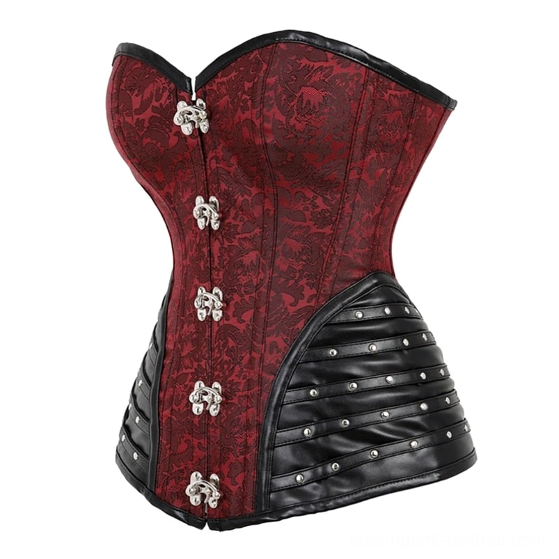 Steampunk corset front angled view showing studded faux leather panels and industrial metal fasteners