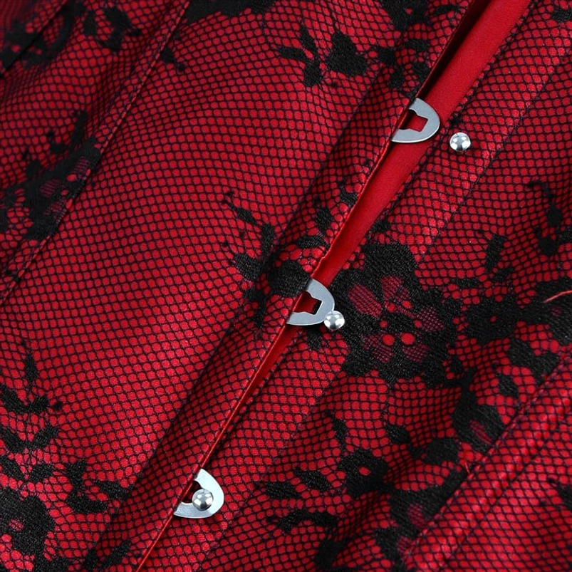 Steampunk corset front closure detail showing silver buckles and red mesh with black lace pattern close-up