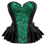 Steampunk underbust corset front view with green damask jacquard panel, black satin sides, metal hook fasteners, and pleated hem with satin bows on white background