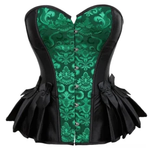 Steampunk underbust corset front view with green damask jacquard panel, black satin sides, metal hook fasteners, and pleated hem with satin bows on white background