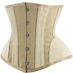 Khaki beige steampunk corset front profile showing pointed bottom hem, vertical boning panels and metal fastenings