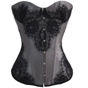 Steampunk corset front detail showcasing sweetheart neckline, metal button closure, black eyelash lace trim, and satin fabric on white background