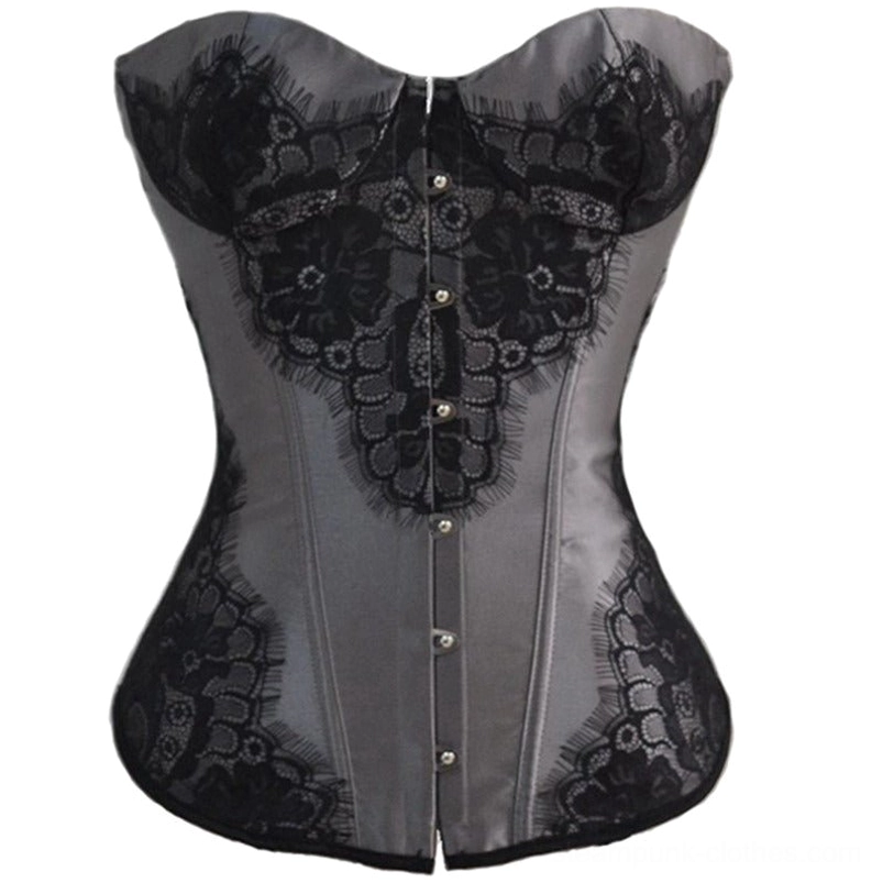 Steampunk corset front detail showcasing sweetheart neckline, metal button closure, black eyelash lace trim, and satin fabric on white background