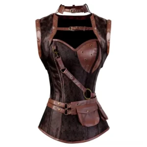 Medieval steampunk corset flat lay with brown jacquard brocade fabric, heart-shaped chest panel, bronze buckle waist belt and dual utility pouches