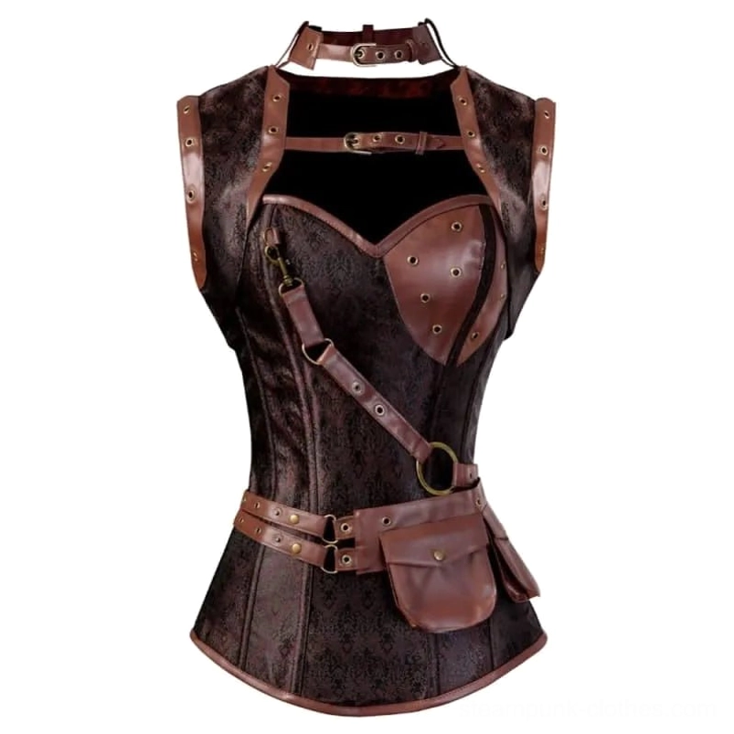 Medieval steampunk corset flat lay with brown jacquard brocade fabric, heart-shaped chest panel, bronze buckle waist belt and dual utility pouches