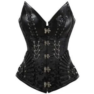 Steampunk corset front flat lay showing sweetheart neckline, decorative chain ornaments, metal toggle fasteners, and jacquard damask pattern on white background