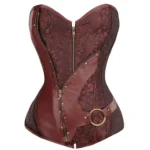 Steampunk push-up corset front view with heart-shaped neckline, front zipper, and faux leather trim with metal details on white background