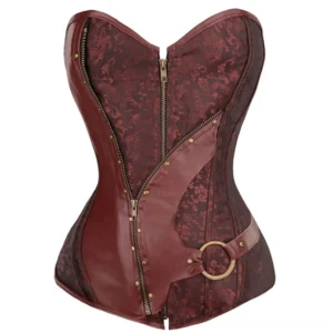 Steampunk push-up corset front view with heart-shaped neckline, front zipper, and faux leather trim with metal details on white background
