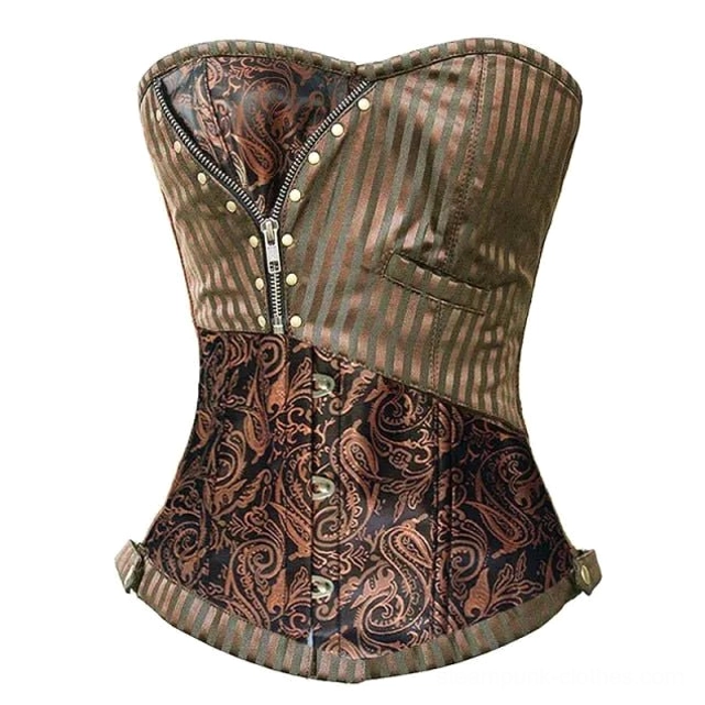 Steampunk corset three-quarter front view showcasing two-tone fabric, front zipper with rivets, and upper pocket detail on white background