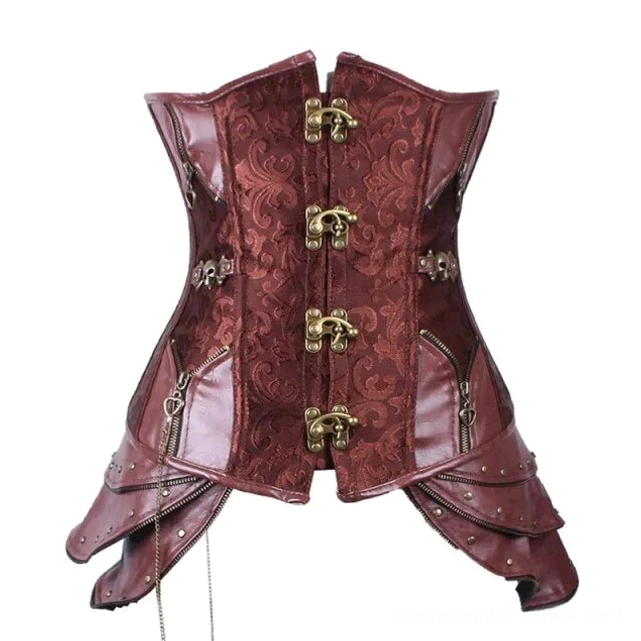 Full front display of brown underbust steampunk corset showing bronze claw clasps side zippers and layered panels