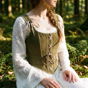 Side profile view of olive green corduroy corset with curved hem and adjustable shoulder straps, worn with braided hair and period costume