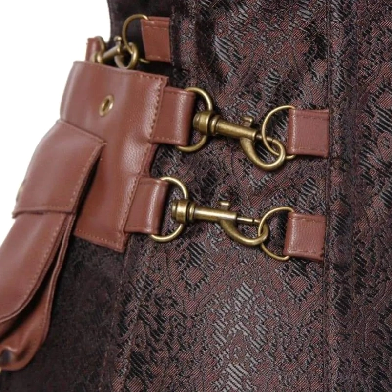 Close-up detail of steampunk corset hardware including bronze metal clasps, brown vegan leather pouches and diamond jacquard fabric texture