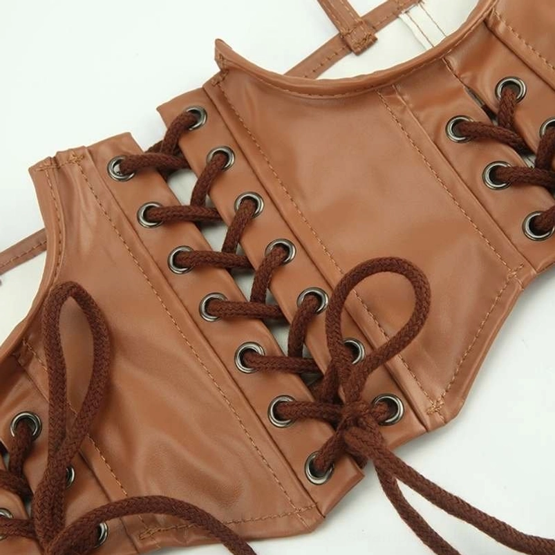 Close-up detail of brown steampunk corset harness showing reinforced metal eyelets, braided lace-up system, and precision stitching - industrial construction