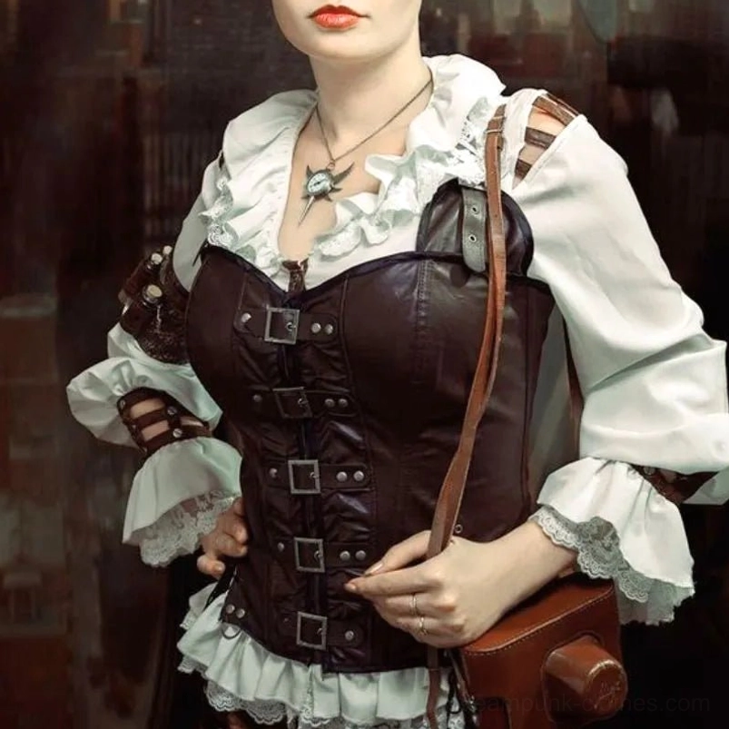 Faux Leather Steampunk Corset with Industrial Buckle Fasteners - Fashion Detail