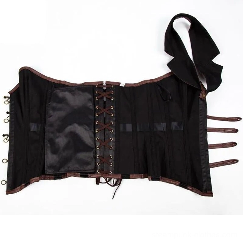 Interior flat lay of steampunk corset showing 12 spiral steel bones, lace-up rear closure and adjustable side straps structure