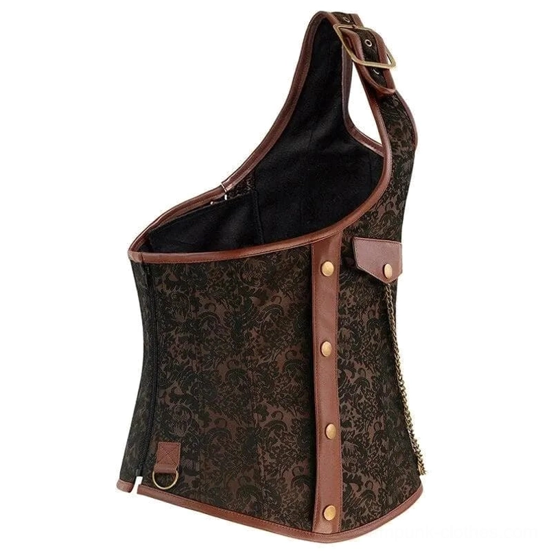 Steampunk corset interior back view showing black lining, adjustable strap, and brown jacquard exterior construction