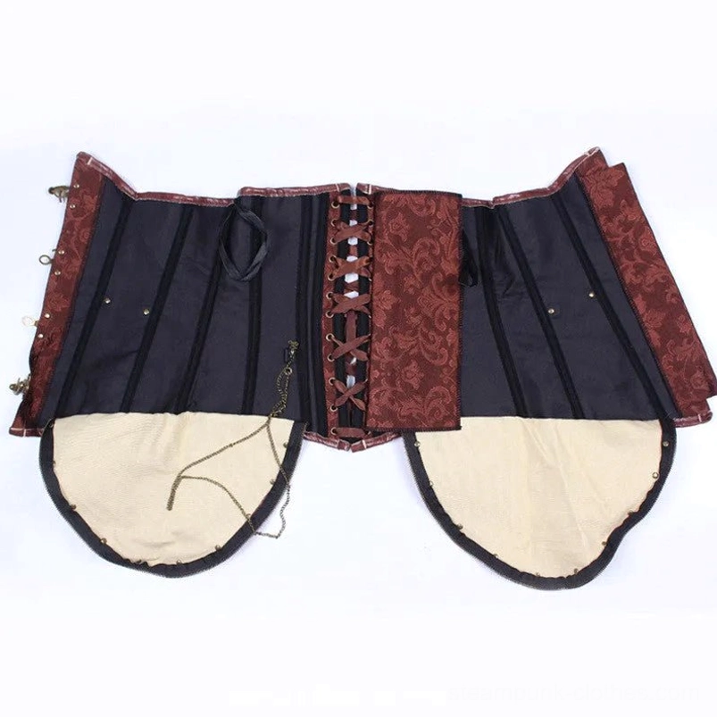Top-down flat lay displaying inner lining of steampunk corset with black cotton interior and lace-up closure structure