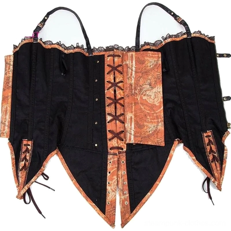 Interior rear view of steampunk corset displaying solid black lining and crisscross lace-up front panel construction
