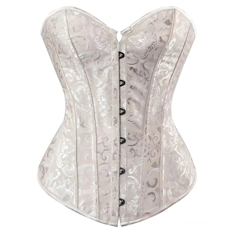 Ivory damask jacquard steampunk corset with metal button front closure and sweetheart neckline design