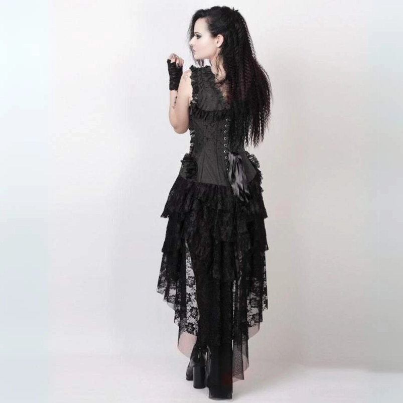 Black steampunk corset lace dress with layered ruffled high-low skirt and lace-up corset design, rear-side full-body shot showcasing back lace-up detail and tiered skirt structure