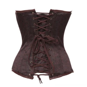Steampunk corset back view showcasing adjustable lace-up closure with brown cords and leather-trimmed edges
