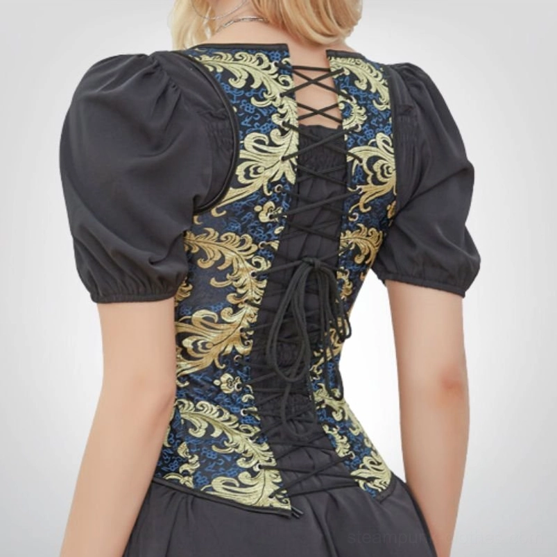Underbust corset back view featuring crisscross lace-up closure with matching puff sleeve top, displaying decorative gold floral brocade pattern