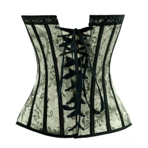 Steampunk corset back view showing lace-up black ribbon design, damask pattern, contrasting binding, and lace neck edging detail