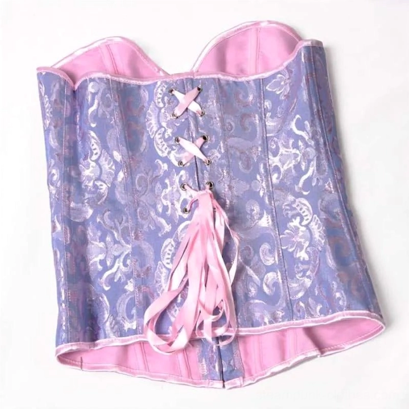 Purple steampunk corset with pink inner lining and front ribbon lace-up closure detail
