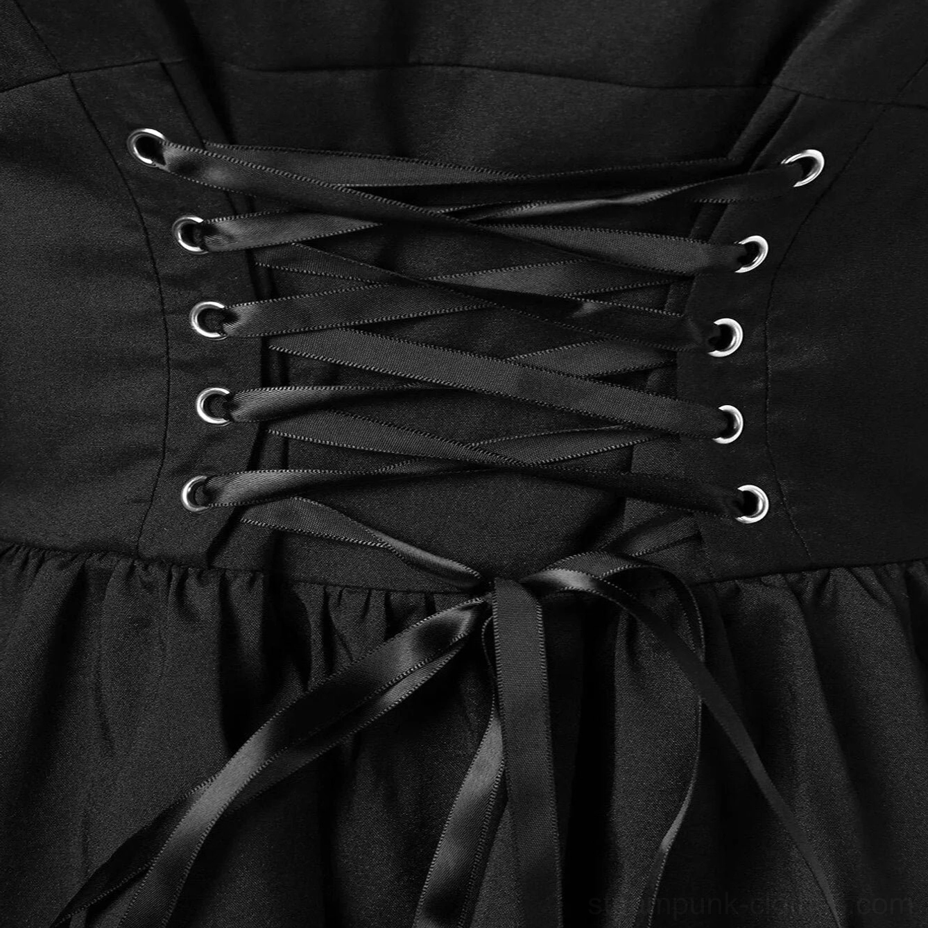 Close-up detail of steampunk dress corset lace-up front with black satin ribbons and metal eyelet fasteners creating fitted waist panel