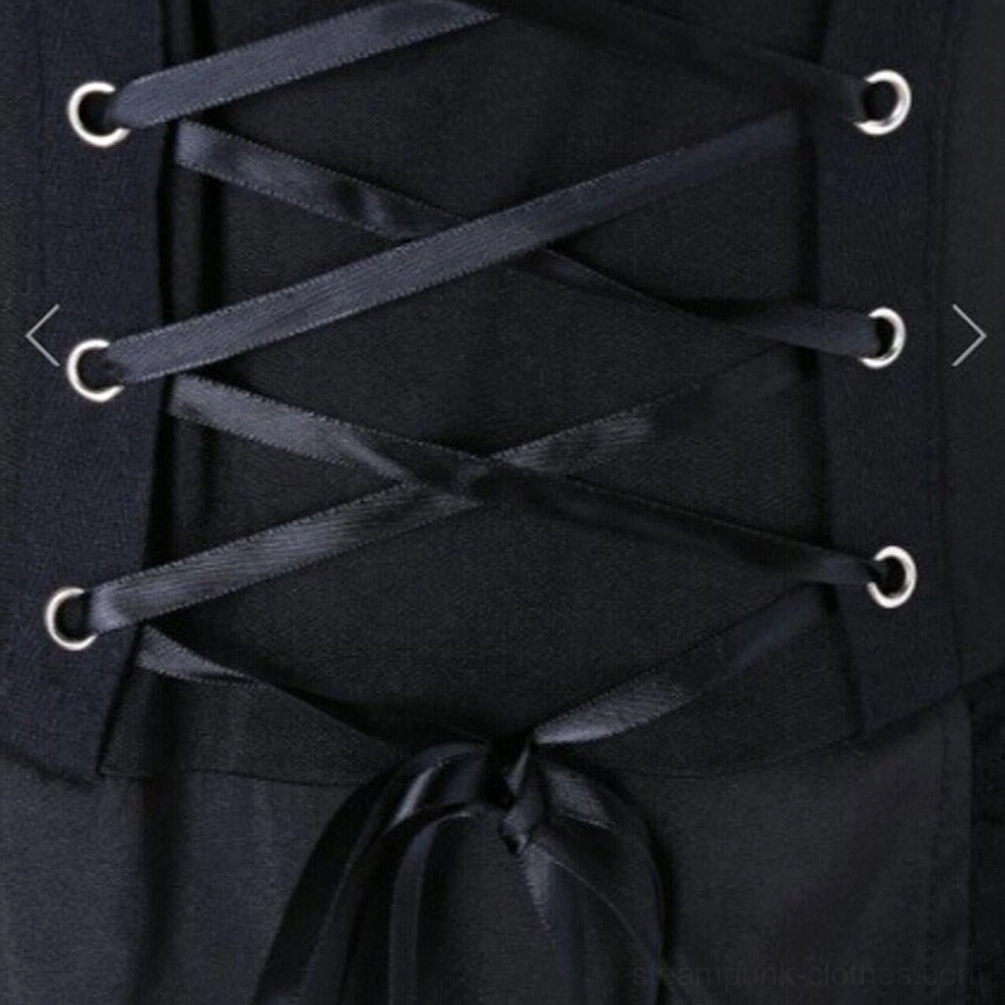 Close-up top-down view of gothic steampunk dress front corset lace-up with silver metal eyelets and black satin ribbon tie detail