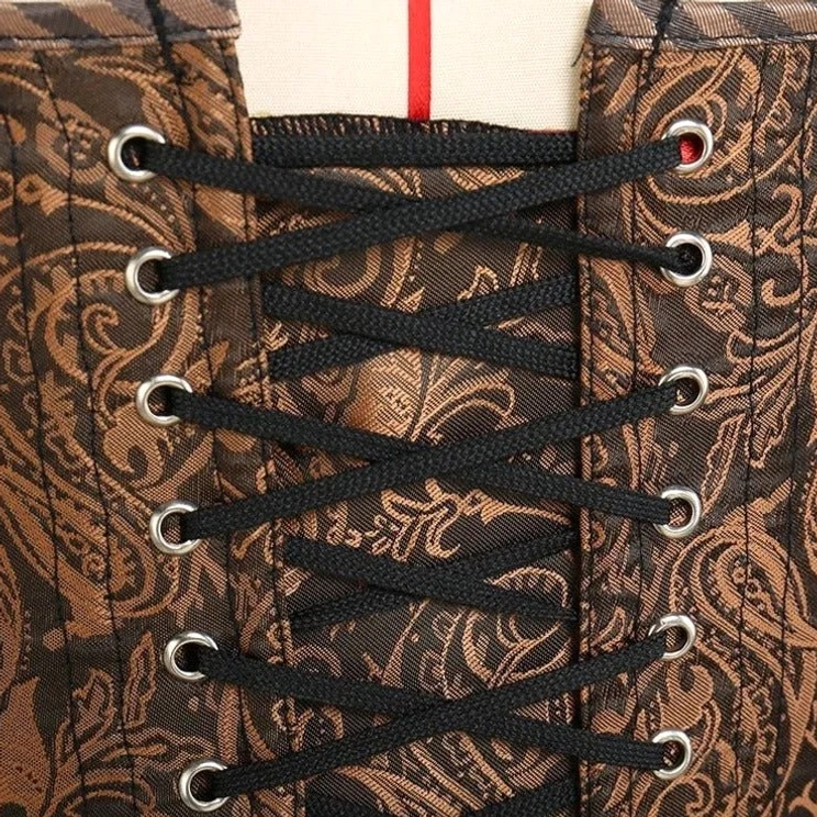 Steampunk corset lace-up close-up showing black laces, silver metal eyelets, and brown paisley jacquard fabric construction