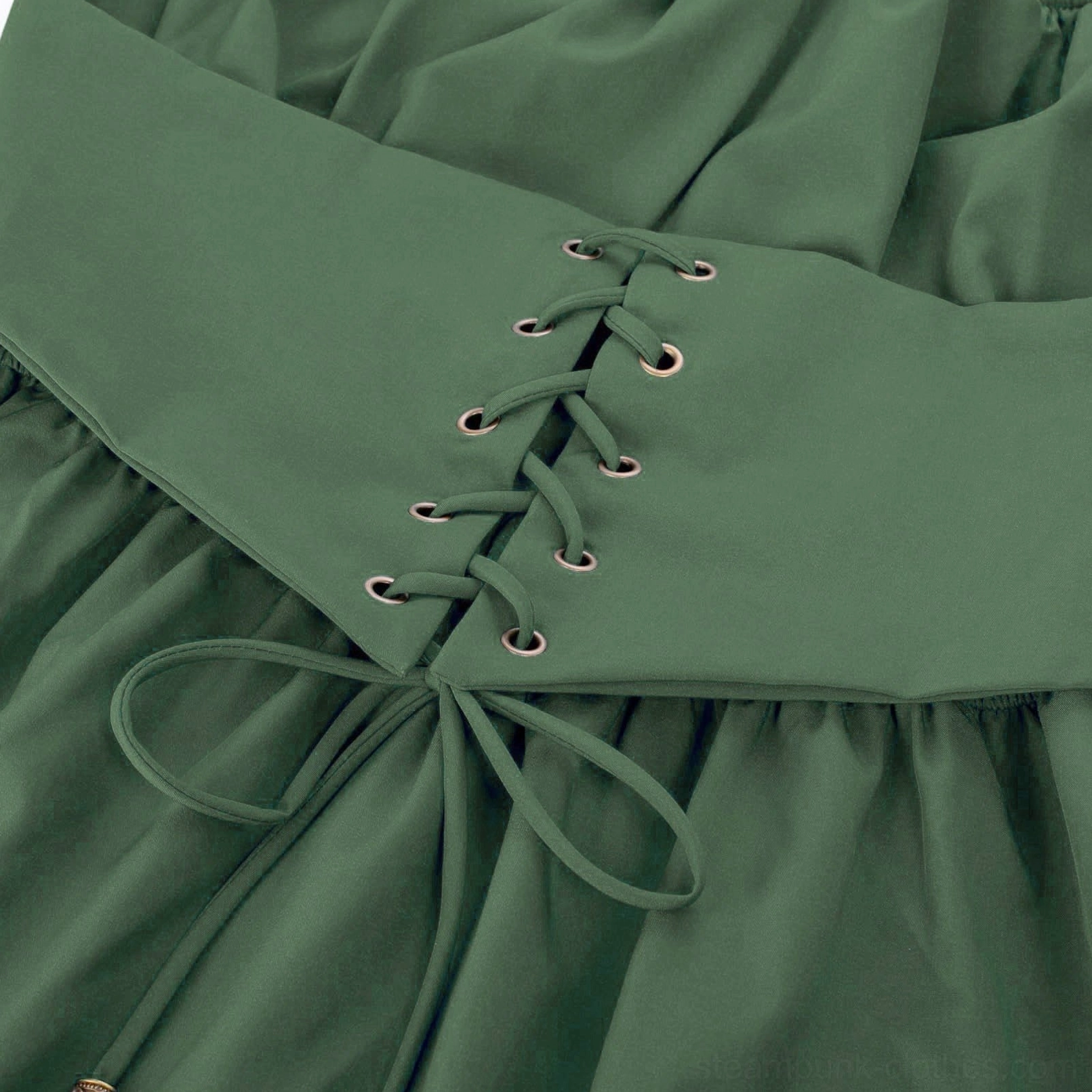 Close-up detail of steampunk dress corset lace-up waist with metal eyelets and matching drawstring on white background