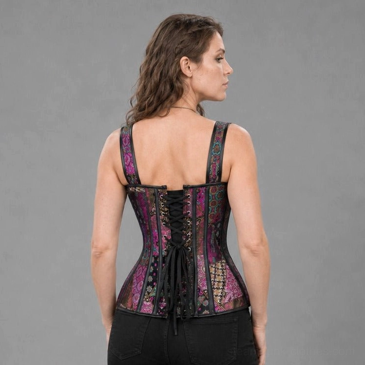Steampunk corset back view showing lace-up closure with black cords, metal eyelets, and thin shoulder straps on female model