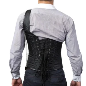 Back view of steampunk men's corset showing lace-up closure, tassel decoration, and black jacquard fabric