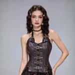 Industrial Buckle Steampunk Leather Corset with Halter Neck - Front Studio View