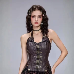 Industrial Buckle Steampunk Leather Corset with Halter Neck - Front Studio View