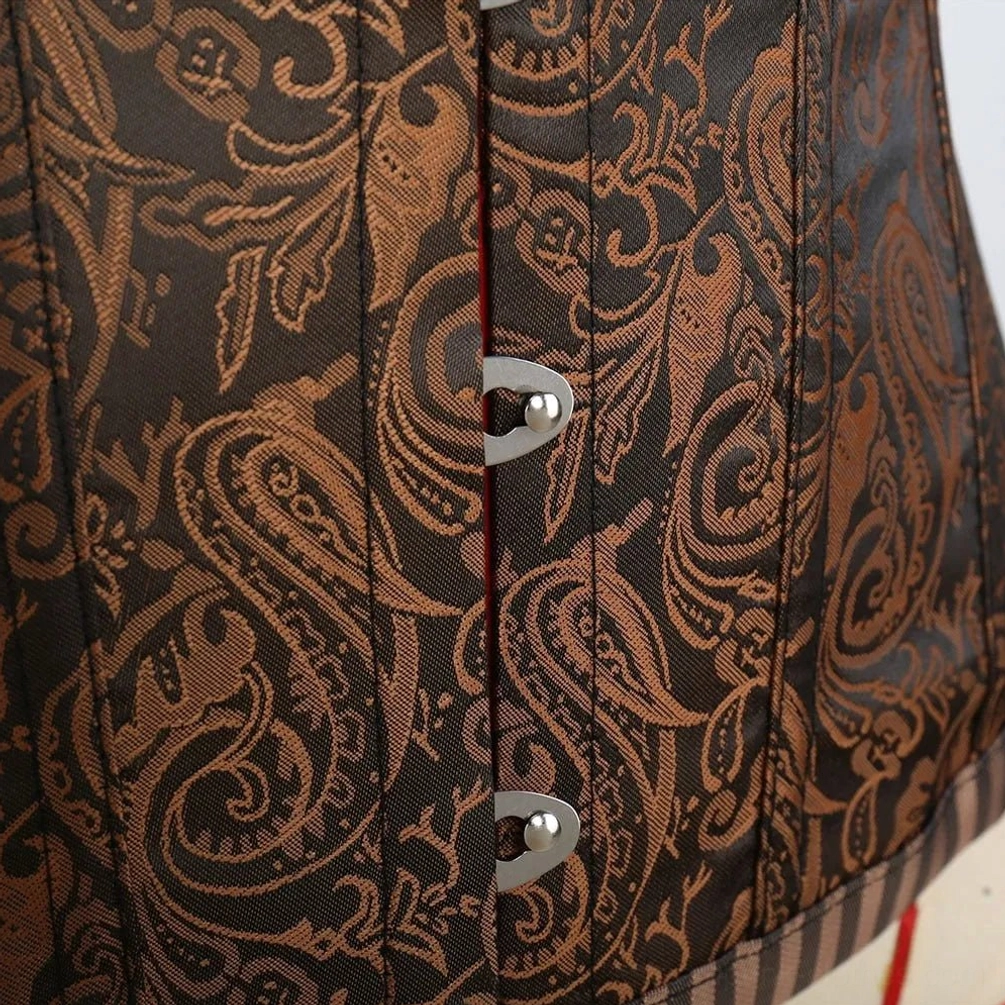 Steampunk corset front closure showing metal twist clasp fasteners and brown paisley jacquard fabric construction detail