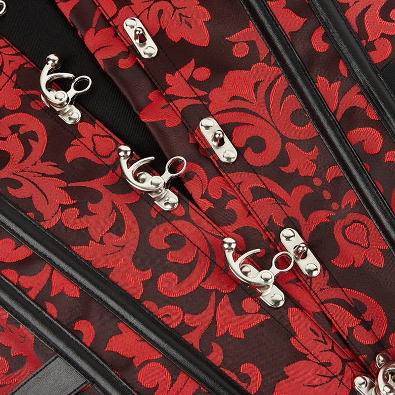 Steampunk corset front clasp detail featuring silver metal claw clasps on red damask brocade fabric