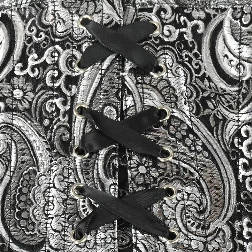 Detailed view of steampunk corset back lacing with black satin ribbon, metal eyelets, and paisley brocade