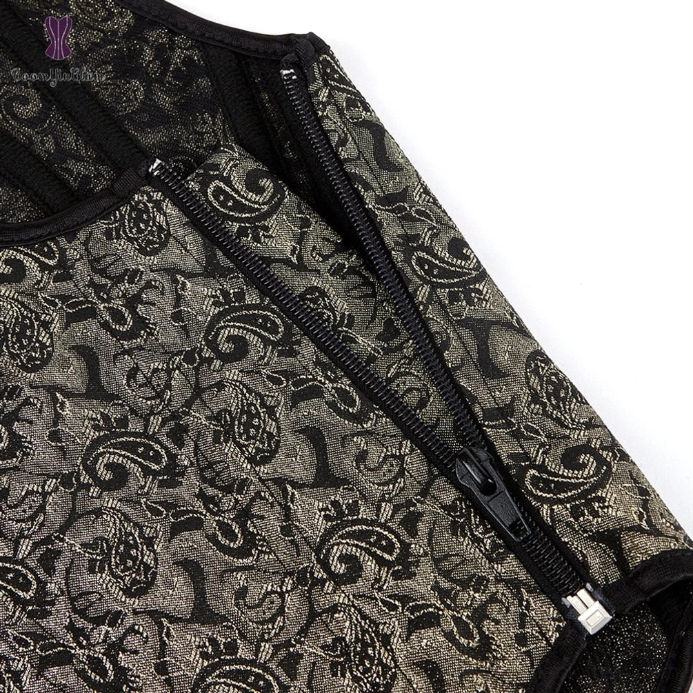 Steampunk corset bustier metal zipper fastener close-up side detail with paisley jacquard fabric and black trim