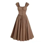 Brown steampunk corset midi dress front view featuring lace-up waist closure, ruffled square neckline, and flared A-line skirt on white studio background