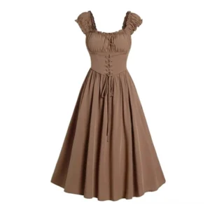Brown steampunk corset midi dress front view featuring lace-up waist closure, ruffled square neckline, and flared A-line skirt on white studio background